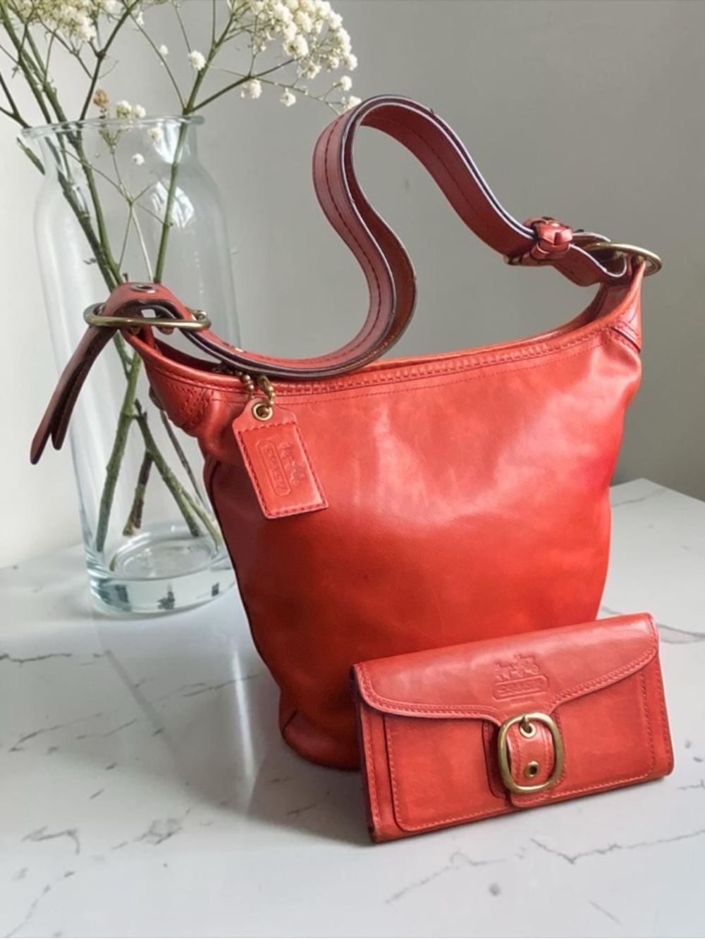 Coach Chili Red Tattersall Bleecker Bucket Bag and Waller Set Bundle Y2K